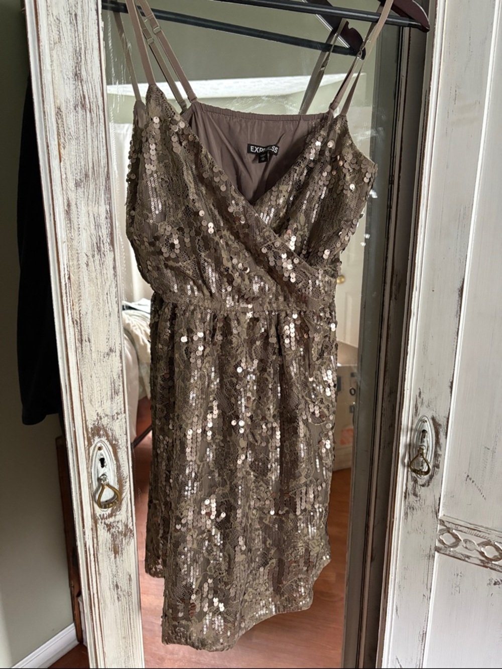 Express Olive Sequin Wrap-Front Mini Dress